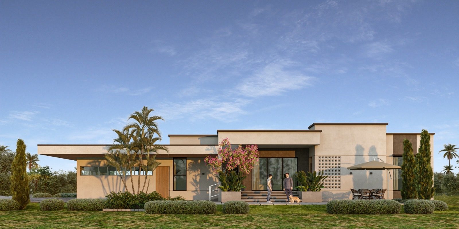 Front elevation perspective of Rosalia Residence — layered flat roofs, warm render walls, timber accents and a breeze-block screen, a covered entrance with bougainvillea, and a landscaped front lawn with palms and clipped hedges.